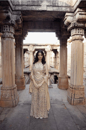 Pale Yellow Floral Printed Indowestern ensemble from our exclusive Charme Chic Collection