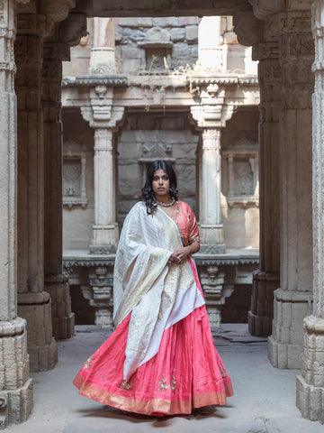 Designer Chaniya Choli By Kalpanas Creations Peach Moonga Silk Khatwork