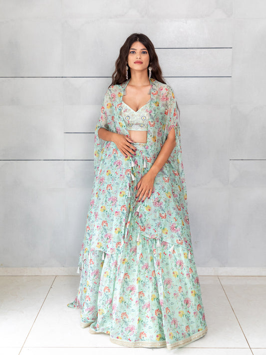 Designer Indowestern Collection By Kalpanas Creations Floral Sea Green Cape