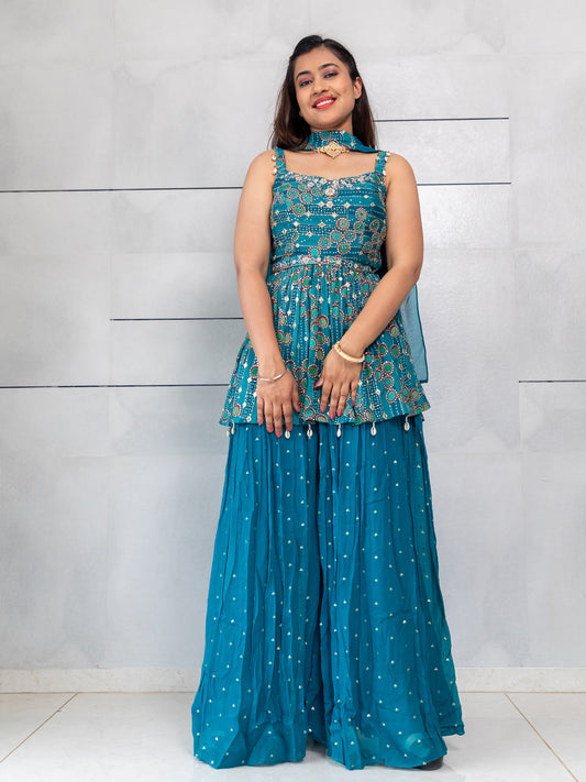 Designer Indowestern Collection By Kalpanas Creations Sea Blue Peplum Style