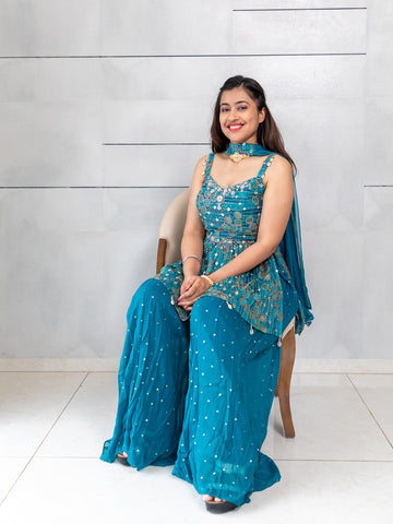 Designer Indowestern Collection By Kalpanas Creations Sea Blue Peplum Style