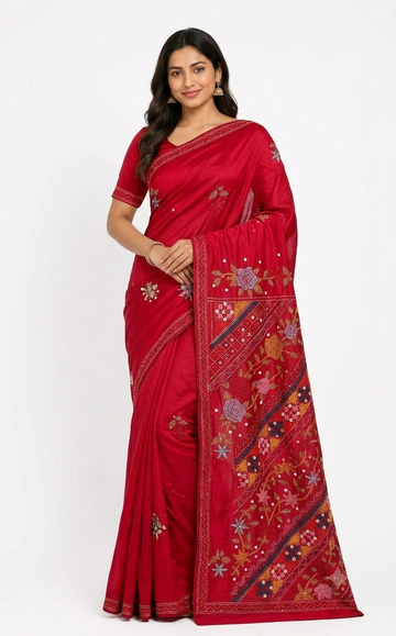 Designer Semi Tussar Silk Saree with Katha & Parsi Work