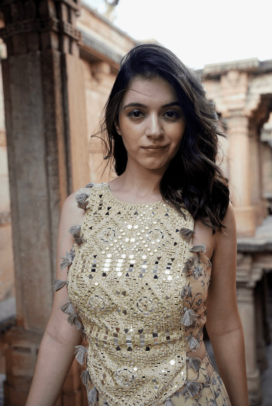 Pale Yellow Floral Printed Indowestern ensemble from our exclusive Charme Chic Collection