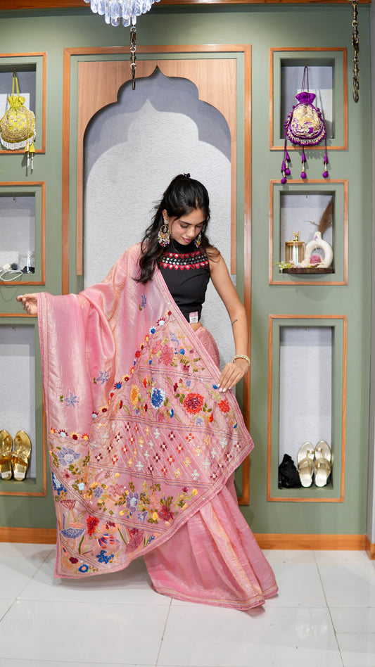 Designer Baby PinkSoft Organza Saree with Katha Work