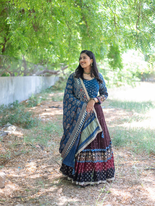 Designer Brown Blue red Multipurpose lehenga by Kalpanas Creations
