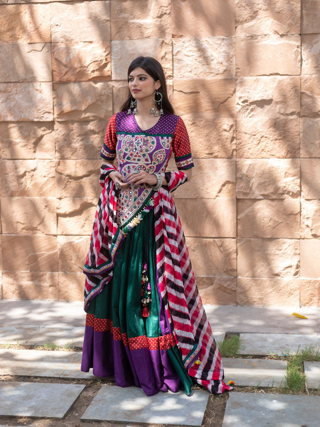 Half n half green Purple Navratri Chaniya choli by Kalpanas Creations