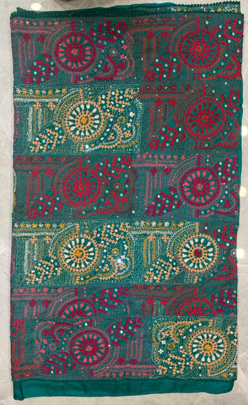 Pure Tussar Katha Rabari Work Saree with Real Mirror Work