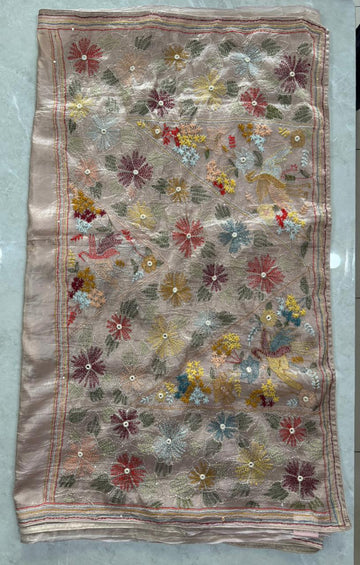 Designer Ivory Soft Organza Katha Work Saree