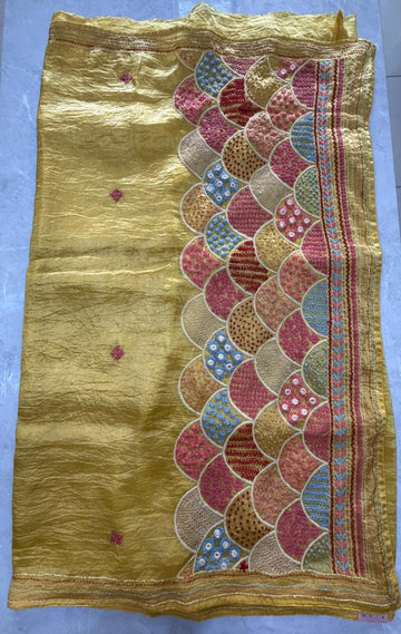 Designer Yellow Soft Organza Saree with Katha Work