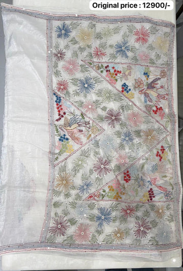 Ivory Soft Organza Saree with Katha Work