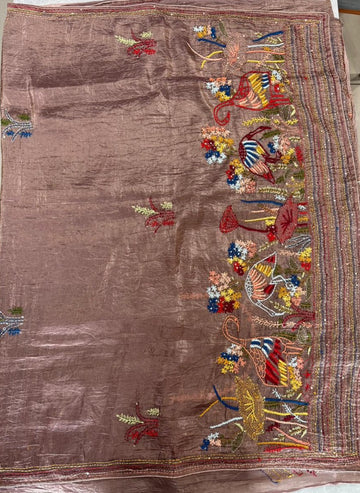 Mauve Color Soft Organza Saree with Katha Work