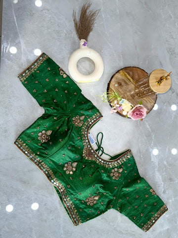 Green Raw Silk Blouse with Khat Work (193883)