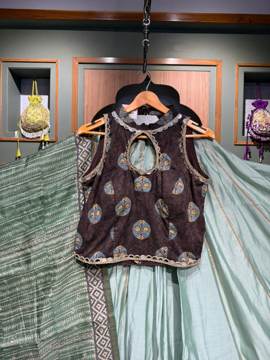 DE-10009351 Tusser Mirror work , KC brown mirror work blouse, FB chaniya