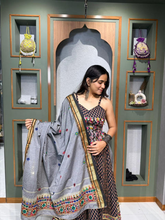 Designer Black Cotton Kutchi Work Chaniya Choli with Kodi Work Corset Blouse & Cotton Dupatta