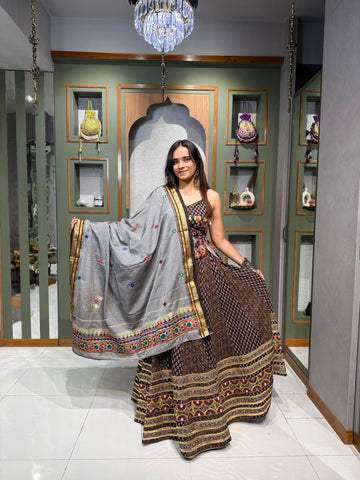 Designer Black Cotton Kutchi Work Chaniya Choli with Kodi Work Corset Blouse & Cotton Dupatta
