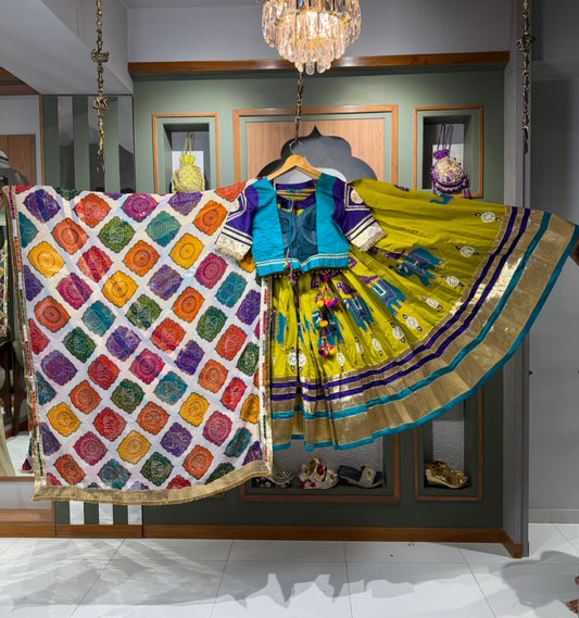 Blue Lumpy Border Blouse with Yellow Chaniya Featuring Elephant & Parrot Embroidery