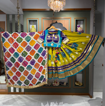 Blue Lumpy Border Blouse with Yellow Chaniya Featuring Elephant & Parrot Embroidery