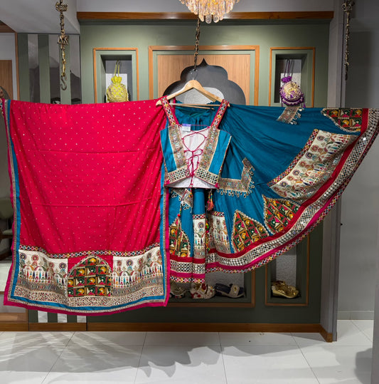 Royal Blue Vintage Mirror Work Chaniya Paired with a Long Corset Blouse, Beautifully Embellished with Intricate Vintage Embroidery and Traditional Kutchi Mirror Work