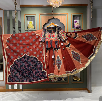 Coffee Brown Ajrakh Chaniya Set with Kodi Coin & Kutchi Mirror Work