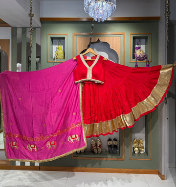 Designer Red Mal Cotton Chaniya Choli with Lumpy Border & Elephant Work