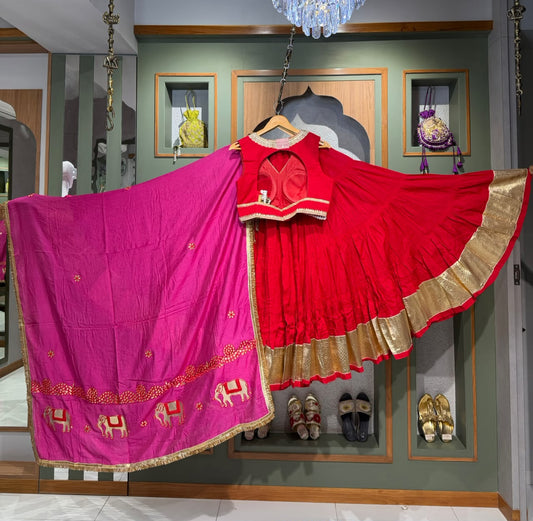 Designer Red Mal Cotton Chaniya Choli with Lumpy Border & Elephant Work