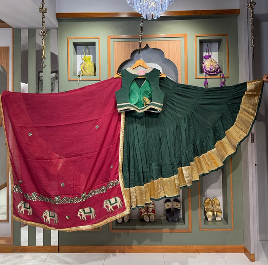 Designer Green Mal Cotton Mix Chaniya Choli with Elephant Work Dupatta