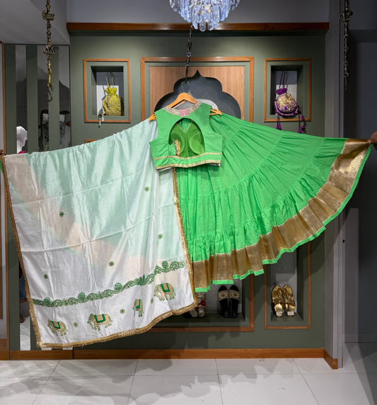 Designer Parrot Green Mal Cotton Mix Chaniya Choli with Lumpy Border & Elephant Work Dupatta