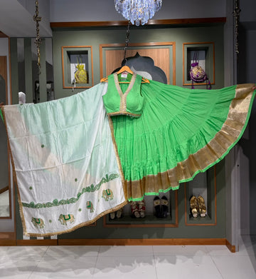 Designer Parrot Green Mal Cotton Mix Chaniya Choli with Lumpy Border & Elephant Work Dupatta