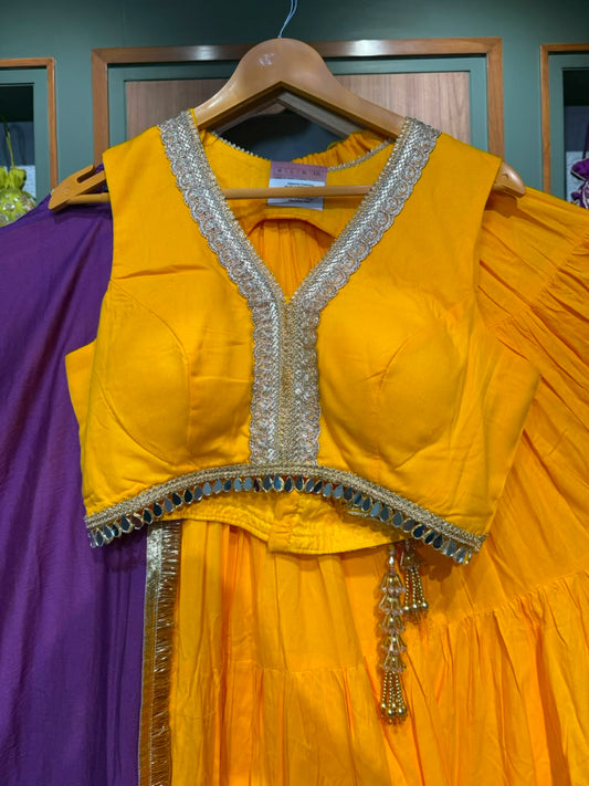 Yellow Mal Cotton Mix Chaniya with Lumpy Border, Matching Blouse & Purple Elephant Work Dupatta