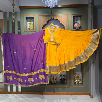 Yellow Mal Cotton Mix Chaniya with Lumpy Border, Matching Blouse & Purple Elephant Work Dupatta