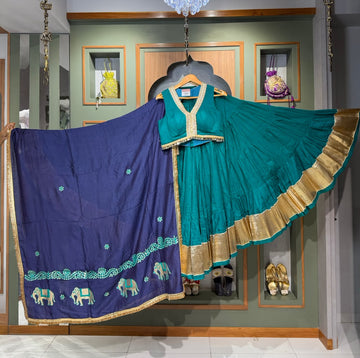 Designer Teal Blue Mal Cotton Mix Chaniya Choli with Lumpy Border, Golden Border Blouse & Blue Elephant Work Dupatta