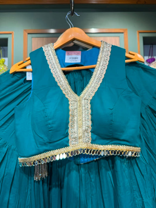 Designer Teal Blue Mal Cotton Mix Chaniya Choli with Lumpy Border, Golden Border Blouse & Blue Elephant Work Dupatta