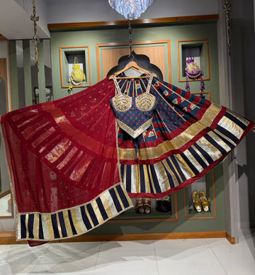 Designer Blue & Maroon Ajrakh Chaniya Choli with Lumpy Border & Mirror Work