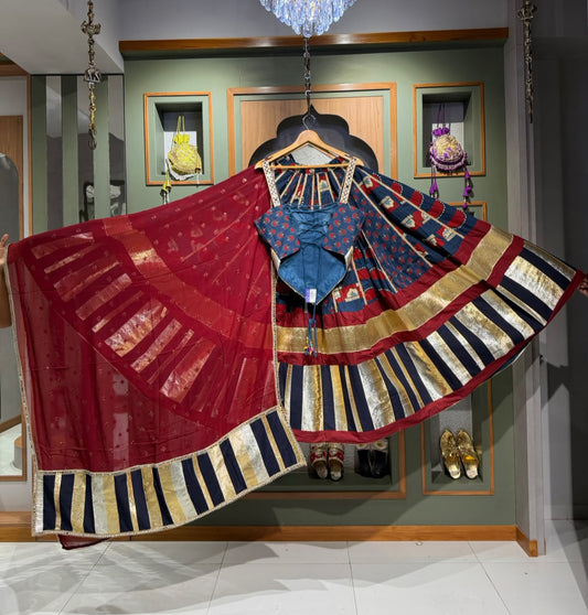 Designer Blue & Maroon Ajrakh Chaniya Choli with Lumpy Border & Mirror Work