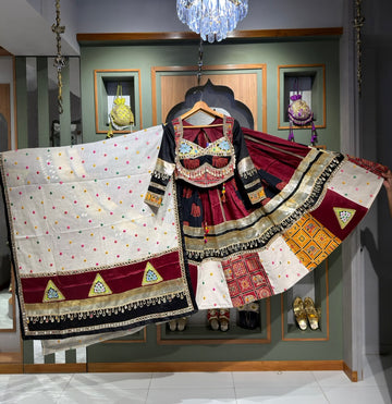 Black & Maroon Chaniya Choli with Kutchi Mirror & Kodi Work, Lumpy Border & Matching Dupatta