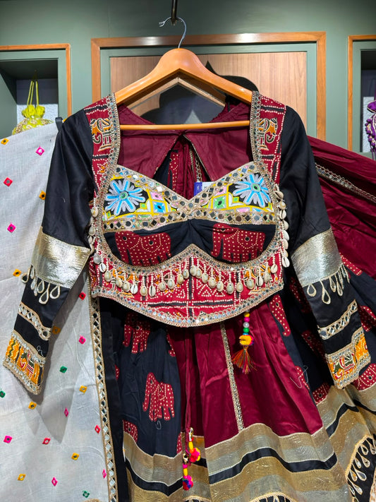 Black & Maroon Chaniya Choli with Kutchi Mirror & Kodi Work, Lumpy Border & Matching Dupatta