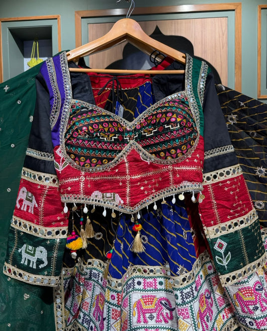 Multi-Color Vintage Kutchi Mirror Work Chaniya Choli with Green Dupatta