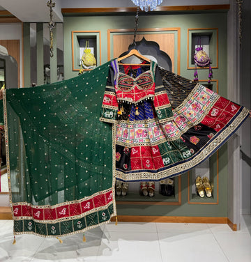 Multi-Color Vintage Kutchi Mirror Work Chaniya Choli with Green Dupatta