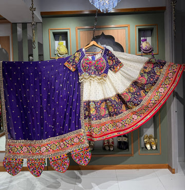 Designer White & Purple Chaniya Choli with Vintage Kutchi Mirror Work & Tassel Dupatta