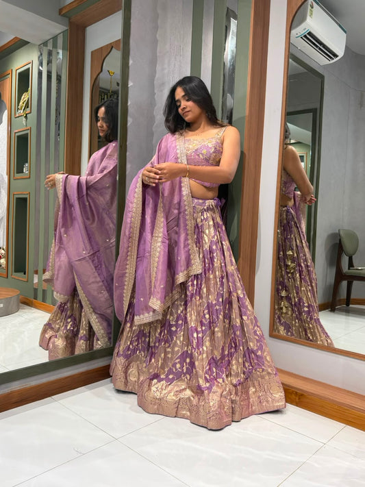 Designer Lilac Banarasi Weaving Co-Ord Set Blouse with Khatli & Zardozi Work