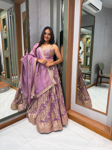 Designer Lilac Banarasi Weaving Co-Ord Set Blouse with Khatli & Zardozi Work