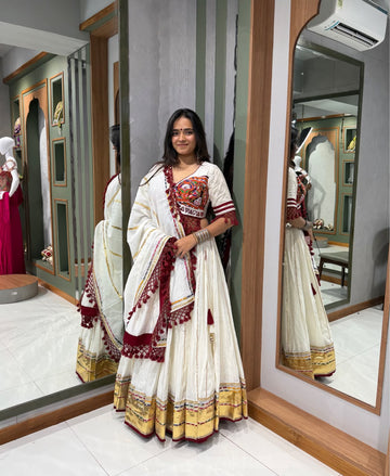 White Bombay Silk Chaniya Choli with Kutchi Mirror Work & Hand Embroidery