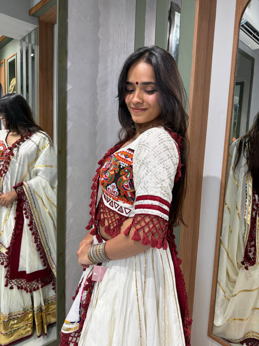 White Bombay Silk Chaniya Choli with Kutchi Mirror Work & Hand Embroidery
