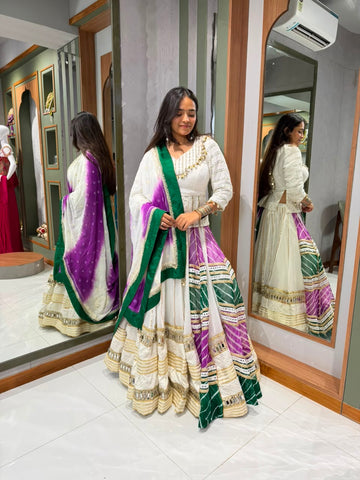 White Colour Pure Bombay Silk Lumpy bordering Leheriya with Hand Work