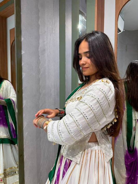 White Colour Pure Bombay Silk Lumpy bordering Leheriya with Hand Work
