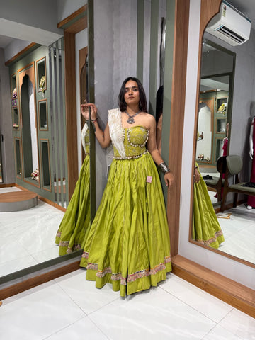 Green Bombay Silk Chaniya , Pure Jorget Dupatta and Corset Blouse