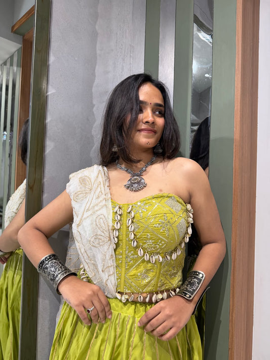 Green Bombay Silk Chaniya , Pure Jorget Dupatta and Corset Blouse