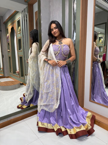 Purple Bombay Silk Chaniya Set with Maroon-Golden Lappo Border & Corset Blouse