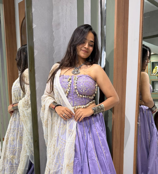 Purple Bombay Silk Chaniya Set with Maroon-Golden Lappo Border & Corset Blouse