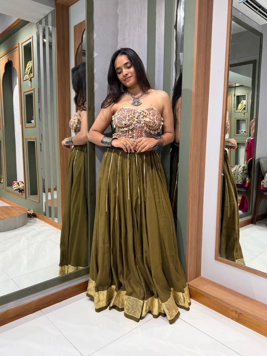 Mehendi Green Bombay Silk Chaniya with Corset Blouse & Golden Lappo Border